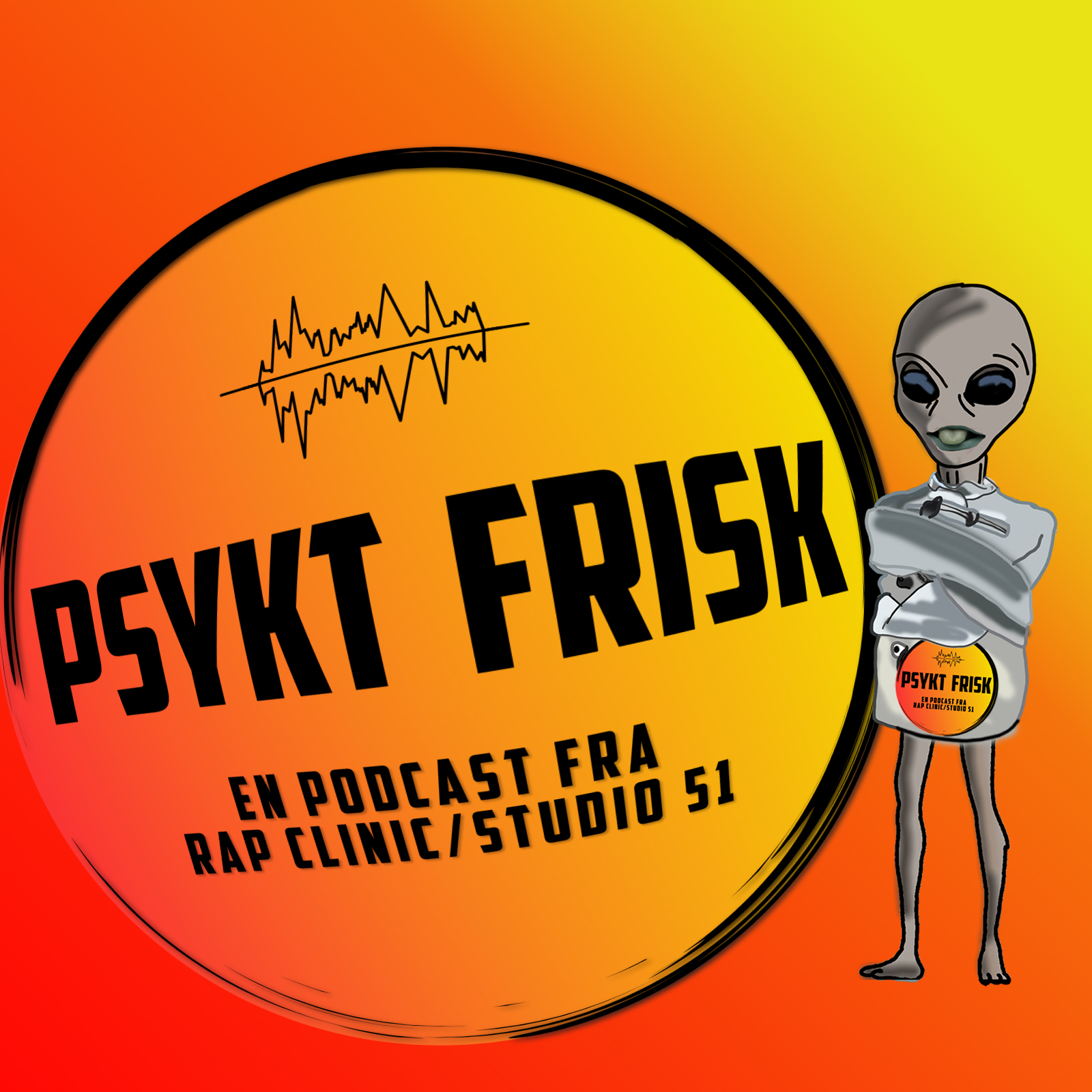 Alien i tvangstrøye med Psykt Frisk Logo kvadrat